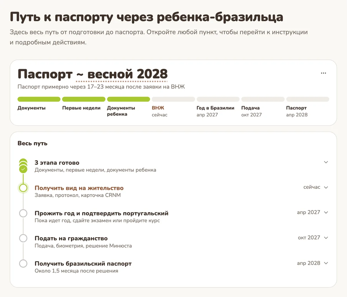 Экран «Путь к паспорту»: семь этапов от документов до паспорта, сейчас вид на жительство, паспорт примерно весной 2028 года